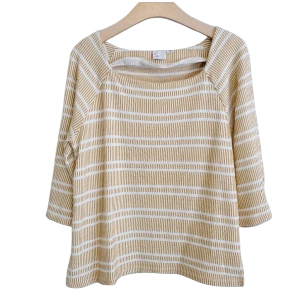 Anthropologie Beige and White Striped Boatneck Top